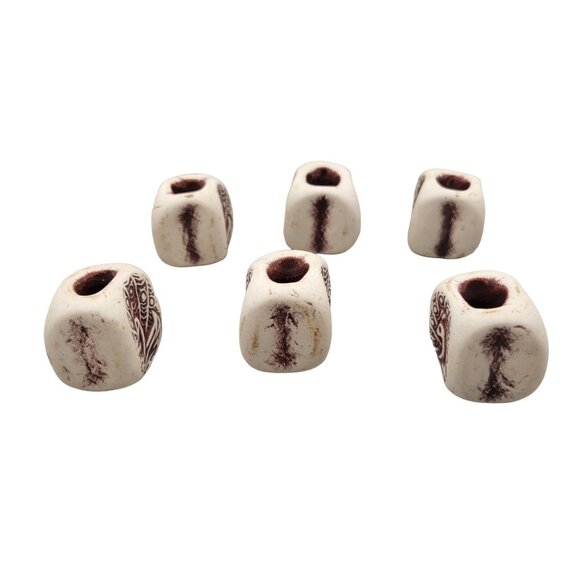 Handmade Bisque Fired Clay Beads Peacock Design Stamped Set of 6 - Picture 2 of 6
